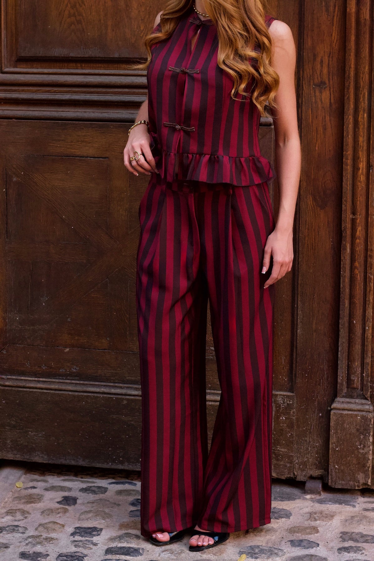 Ensemble top et pantalon large à rayures bordeaux